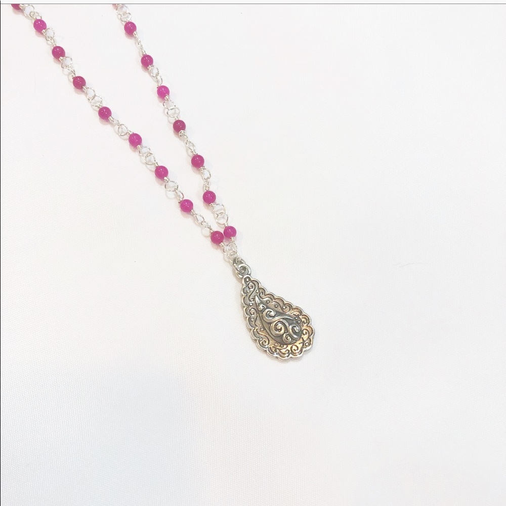 NEW PINK QUARTZITE & SILVER PAISLEY NECKLACE